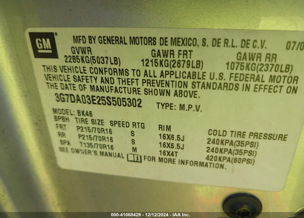 2005 PONTIAC AZTEK VIN: 3G7DA03E25S505302