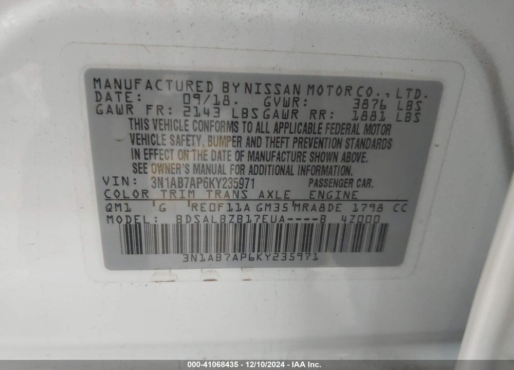 2019 NISSAN SENTRA VIN: 3N1AB7AP6KY235971
