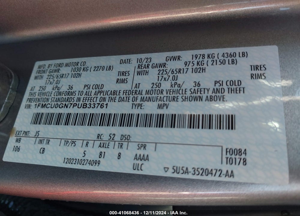 2023 FORD ESCAPE ACTIVE VIN: 1FMCU0GN7PUB33761