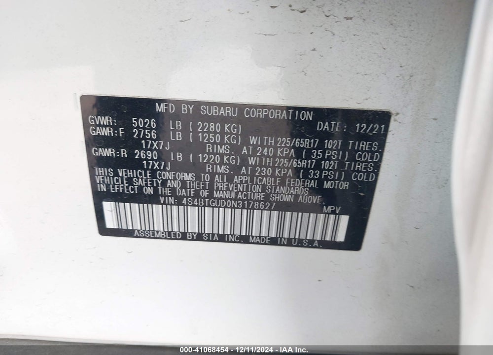 2022 SUBARU OUTBACK WILDERNESS VIN: 4S4BTGUD0N3178627