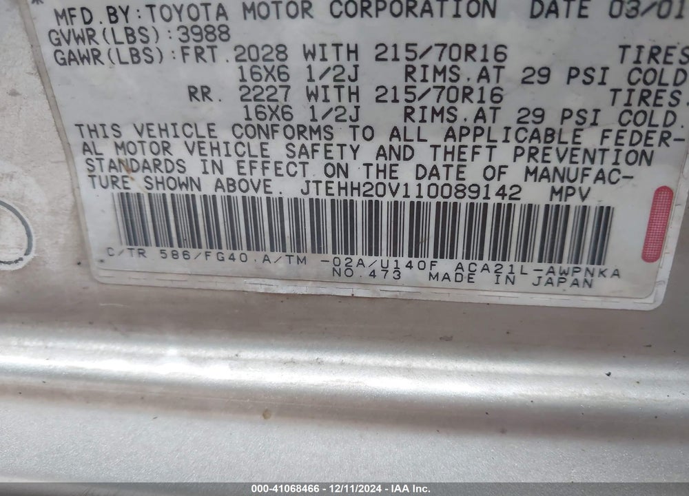 2001 TOYOTA RAV4 VIN: JTEHH20V110089142