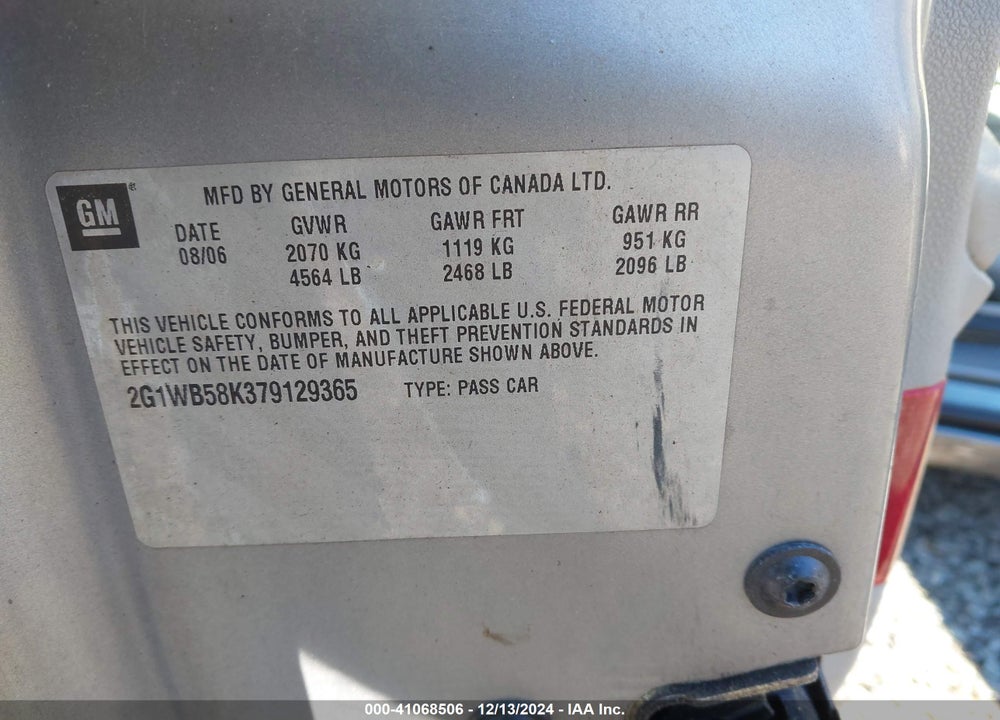 2007 CHEVROLET IMPALA LS VIN: 2G1WB58K379129365