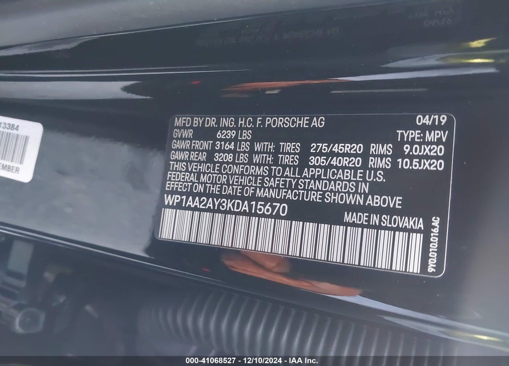 2019 PORSCHE CAYENNE VIN: WP1AA2AY3KDA15670