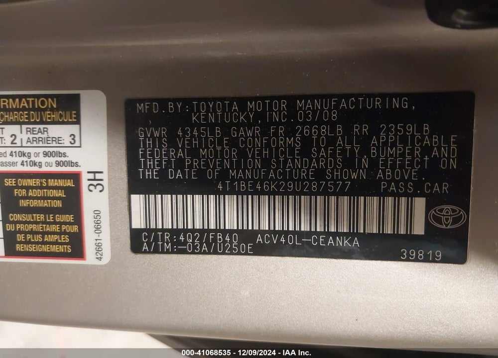 2009 TOYOTA CAMRY VIN: 4T1BE46K29U287577