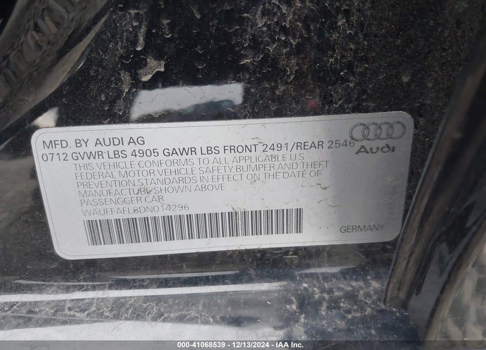 2013 AUDI A4 2.0T PREMIUM VIN: WAUFFAFL8DN014296