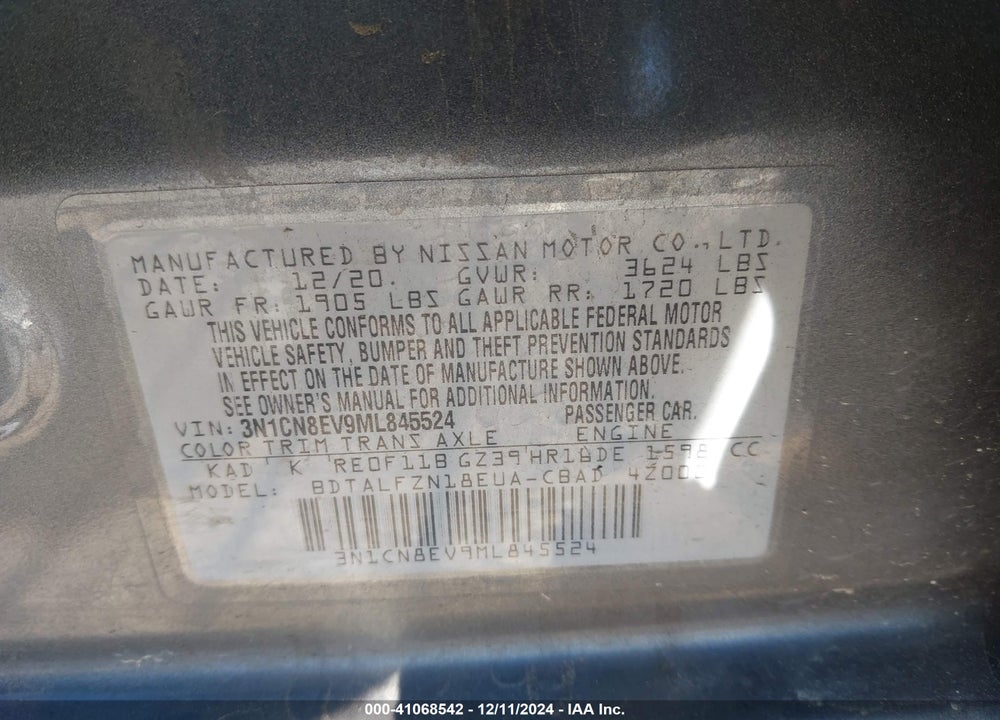 2021 NISSAN VERSA SV XTRONIC CVT VIN: 3N1CN8EV9ML845524