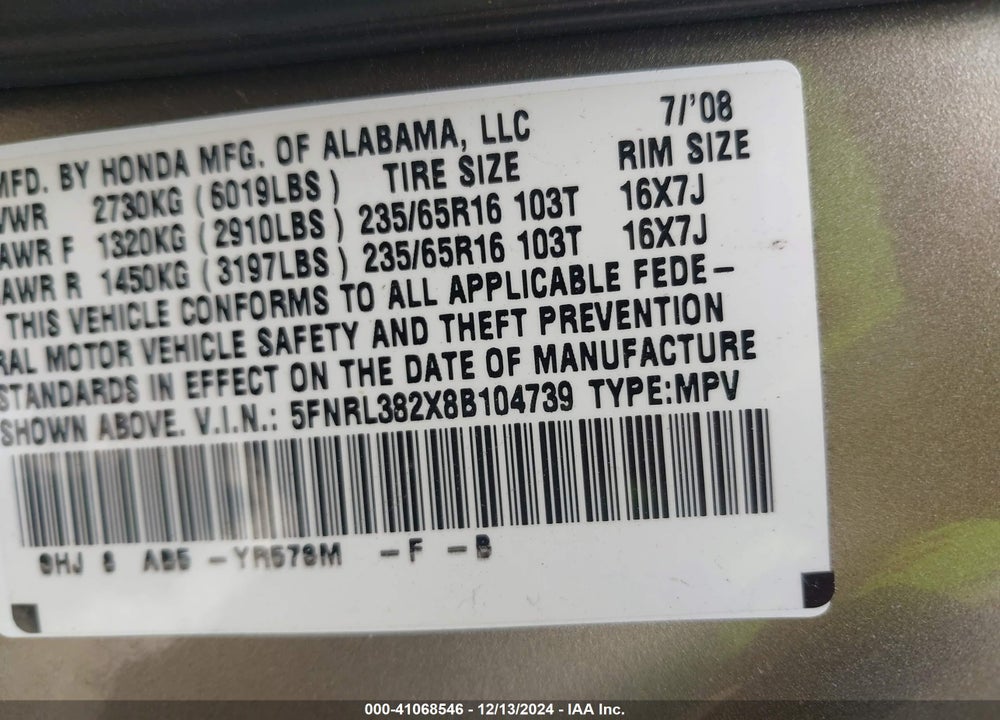 2008 HONDA ODYSSEY LX VIN: 5FNRL382X8B104739