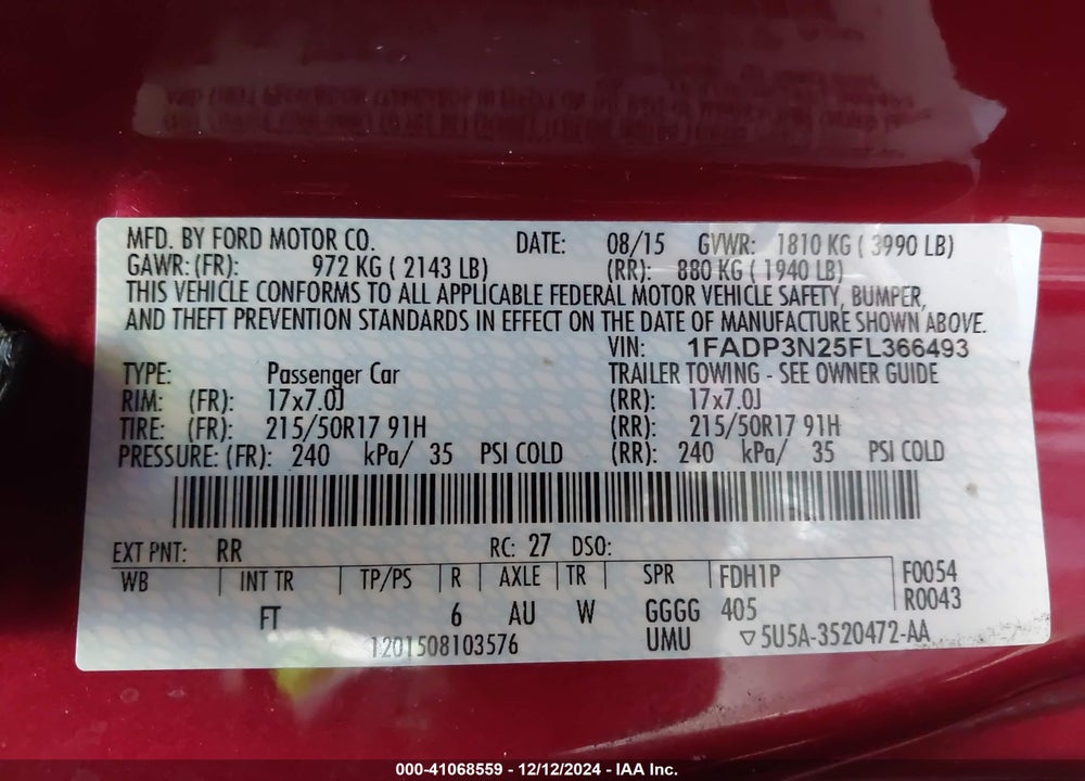 2015 FORD FOCUS TITANIUM VIN: 1FADP3N25FL366493