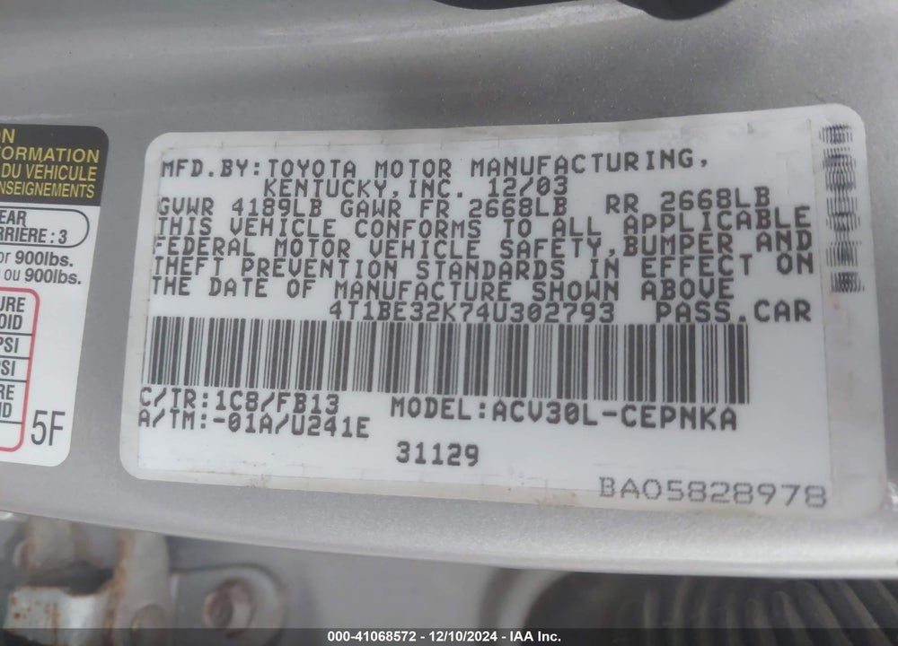 2004 TOYOTA CAMRY LE VIN: 4T1BE32K74U302793