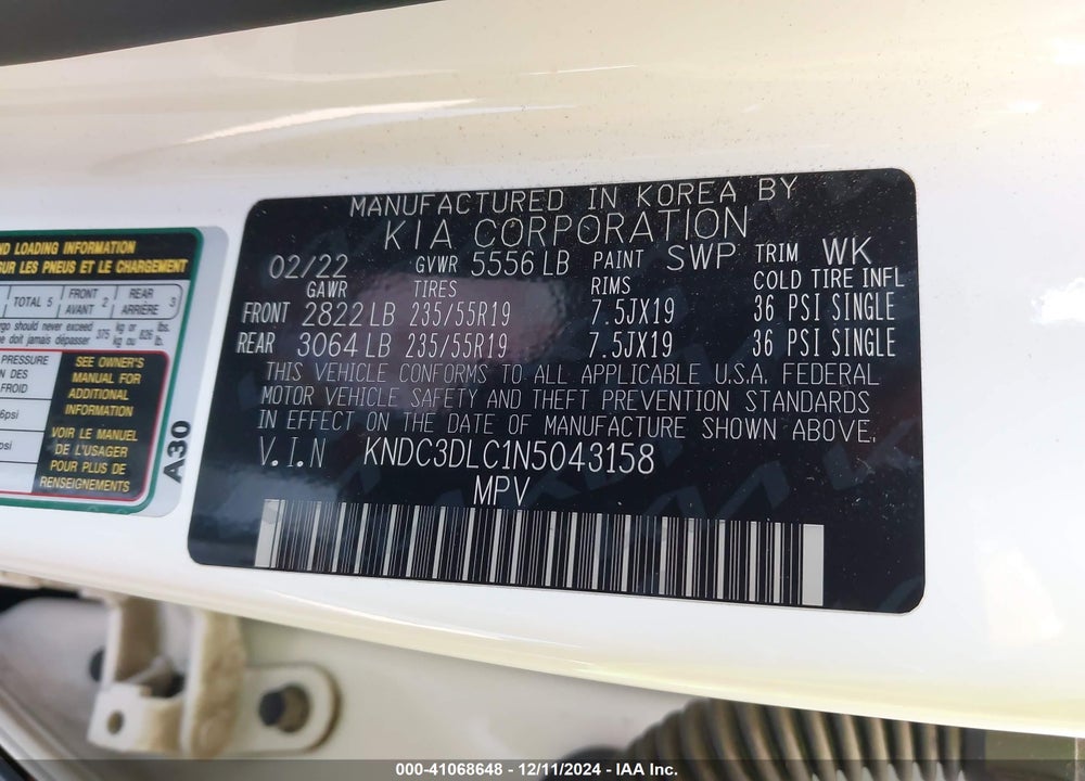 2022 KIA EV6 WIND VIN: KNDC3DLC1N5043158