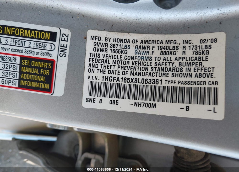 2008 HONDA CIVIC LX VIN: 1HGFA165X8L063361