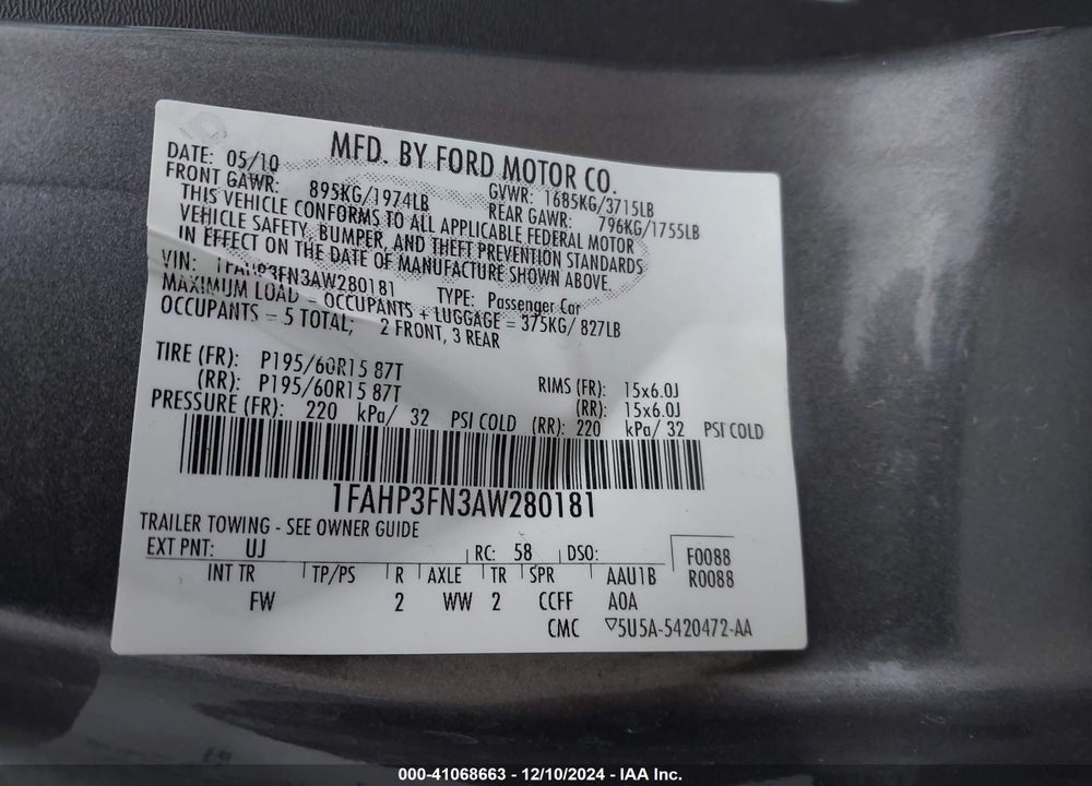 2010 FORD FOCUS SE VIN: 1FAHP3FN3AW280181