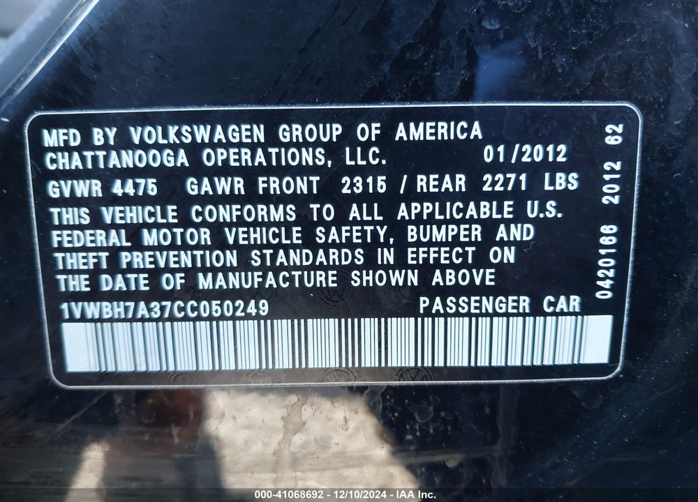 2012 VOLKSWAGEN PASSAT VIN: 1VWBH7A37CC050249