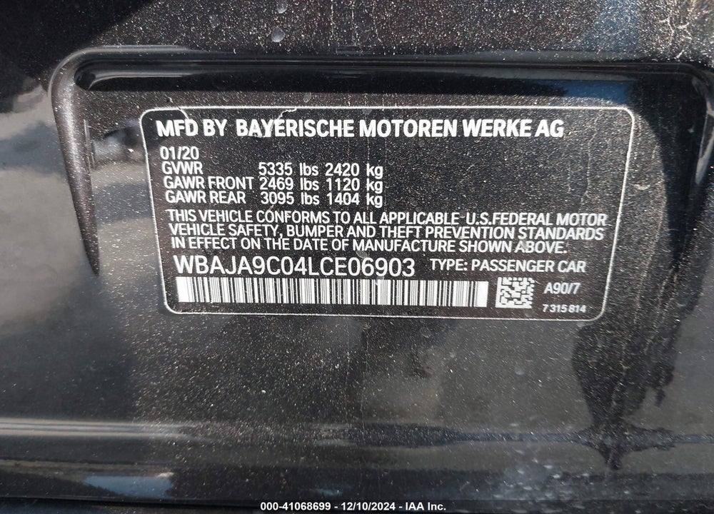 2020 BMW 530E IPERFORMANCE VIN: WBAJA9C04LCE06903