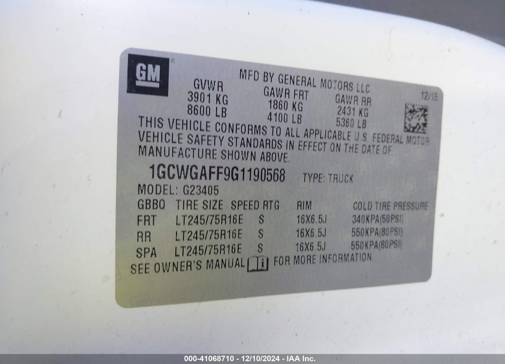 2016 CHEVROLET EXPRESS 2500 WORK VAN VIN: 1GCWGAFF9G1190568