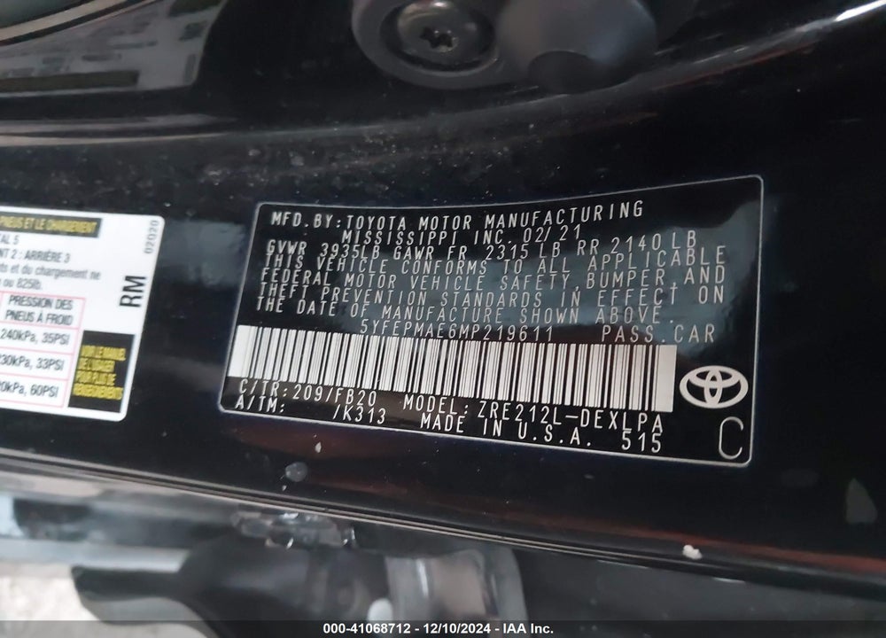 2021 TOYOTA COROLLA VIN: 5YFEPMAE6MP219611