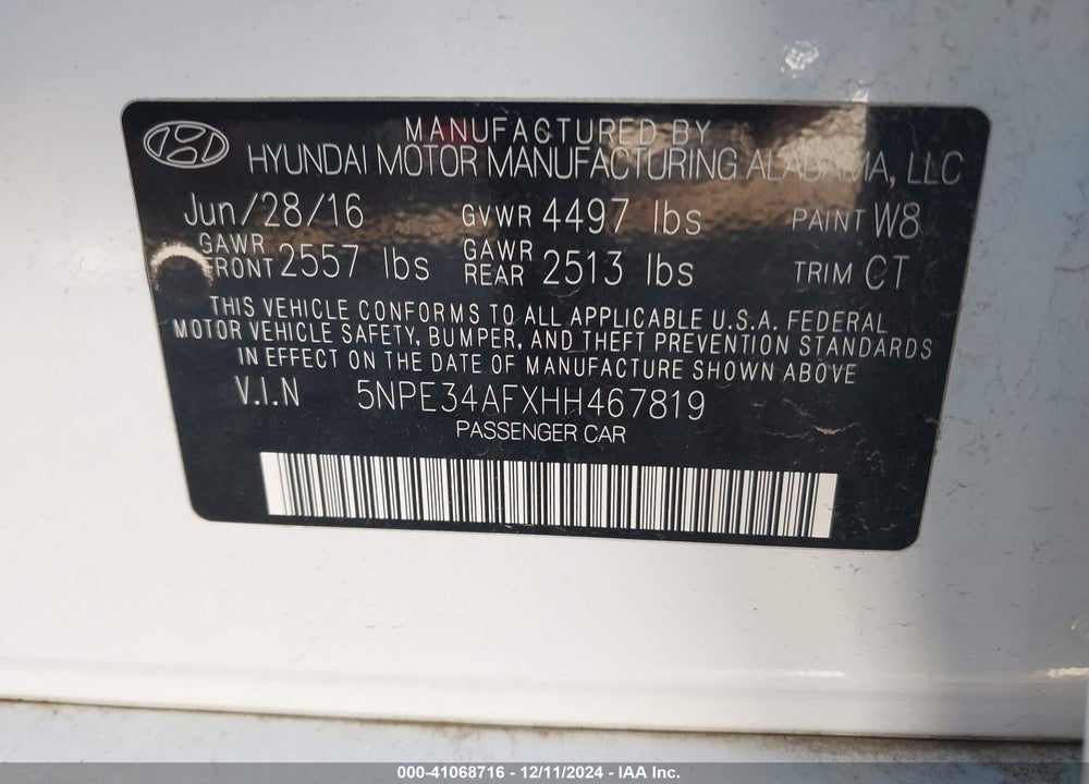 2017 HYUNDAI SONATA SPORT VIN: 5NPE34AFXHH467819