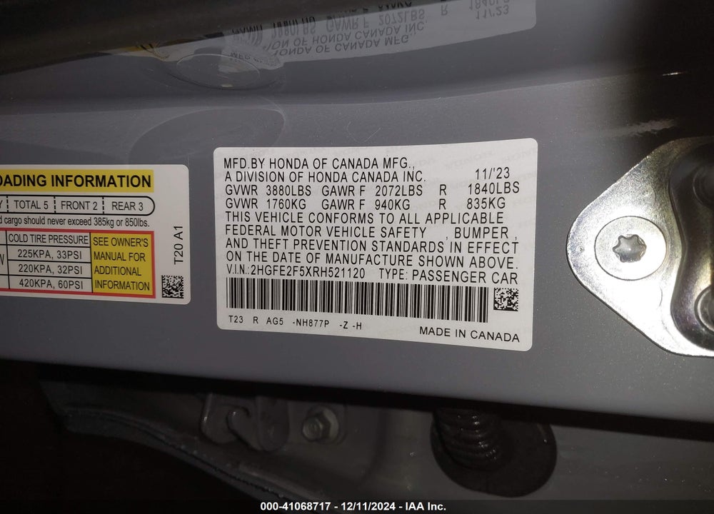 2024 HONDA CIVIC VIN: 2HGFE2F5XRH521120