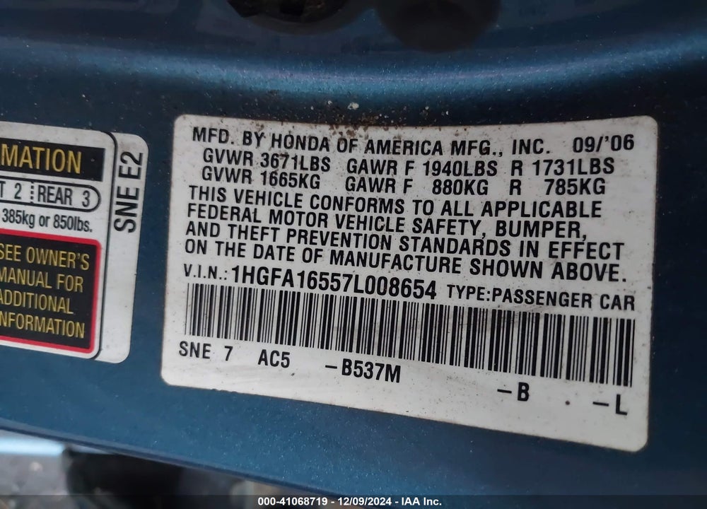 2007 HONDA CIVIC LX VIN: 1HGFA16557L008654