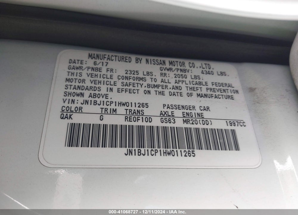 2017 NISSAN ROGUE SPORT S VIN: JN1BJ1CP1HW011265
