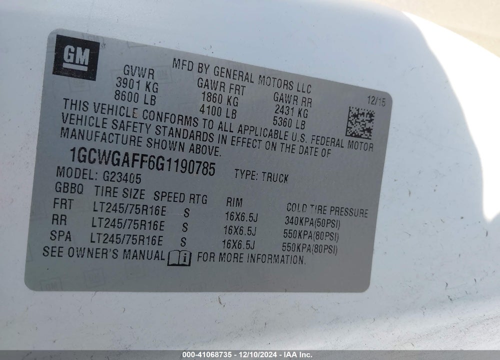 2016 CHEVROLET EXPRESS 2500 WORK VAN VIN: 1GCWGAFF6G1190785