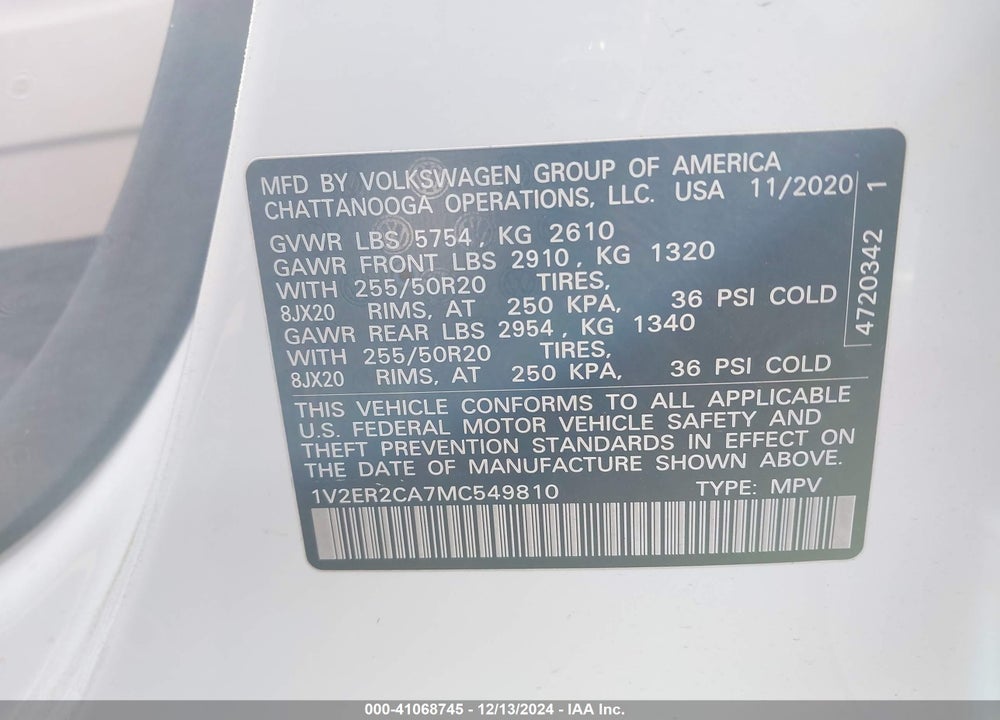 2021 VOLKSWAGEN ATLAS 3.6L V6 SEL VIN: 1V2ER2CA7MC549810