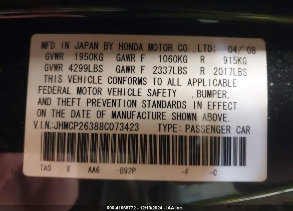 2008 HONDA ACCORD 2.4 LX VIN: JHMCP26388C073423