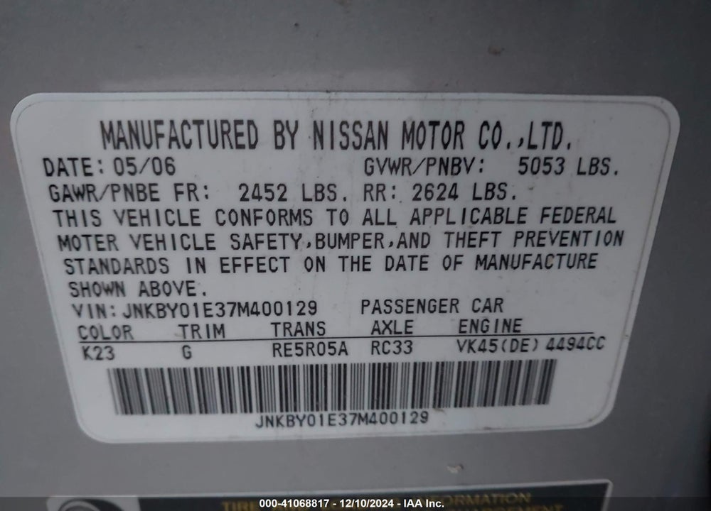2007 INFINITI M45 SPORT VIN: JNKBY01E37M400129