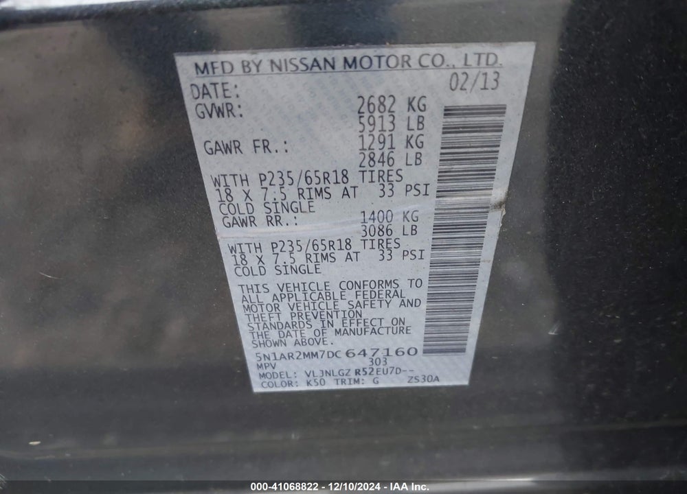2013 NISSAN PATHFINDER SL VIN: 5N1AR2MM7DC647160