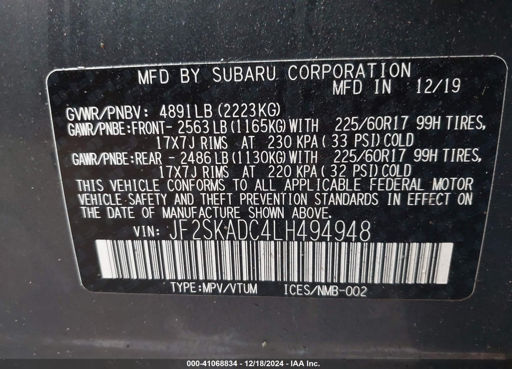 2020 SUBARU FORESTER VIN: JF2SKADC4LH494948