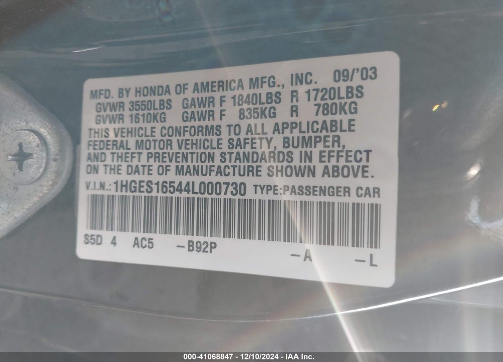 2004 HONDA CIVIC LX VIN: 1HGES16544L000730