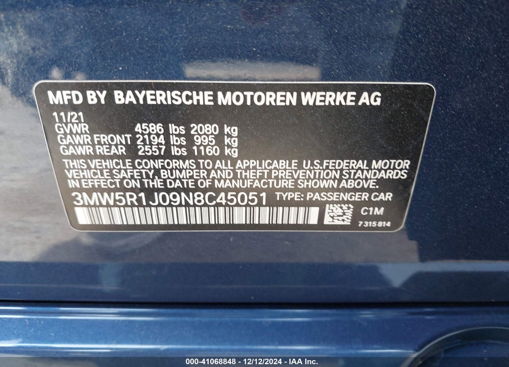2022 BMW 330I VIN: 3MW5R1J09N8C45051