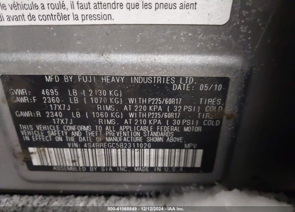 2011 SUBARU OUTBACK 3.6R PREMIUM VIN: 4S4BREGC5B2311020