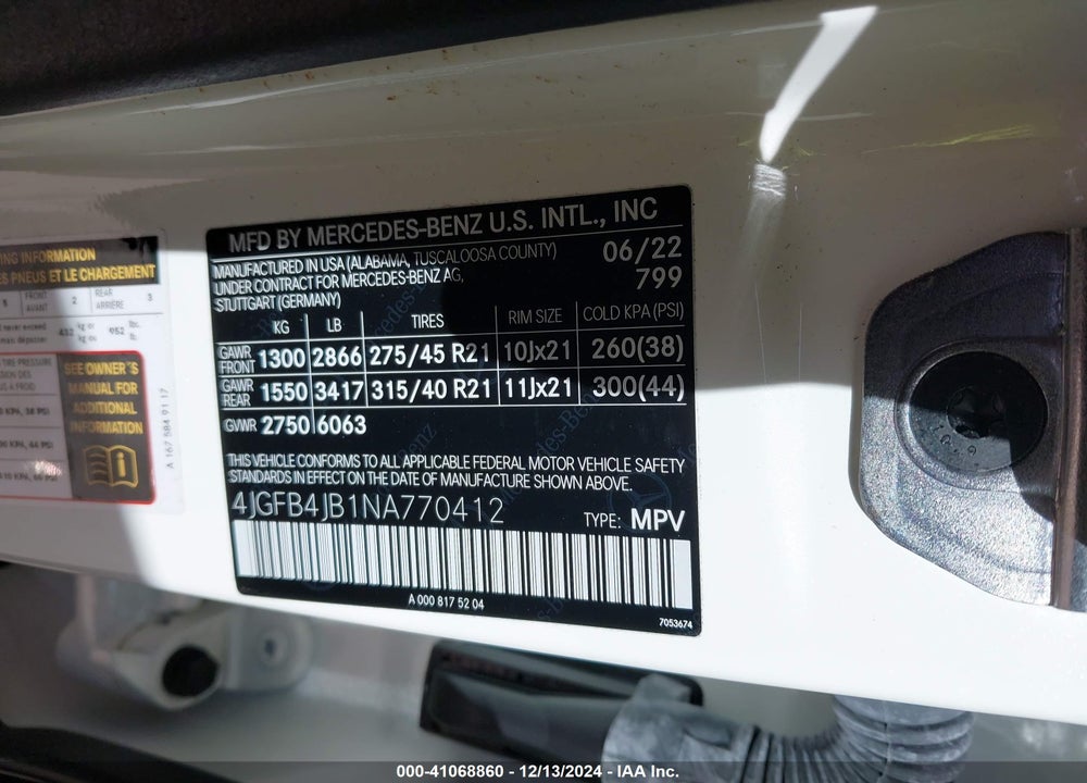 2022 MERCEDES-BENZ GLE 350 VIN: 4JGFB4JB1NA770412