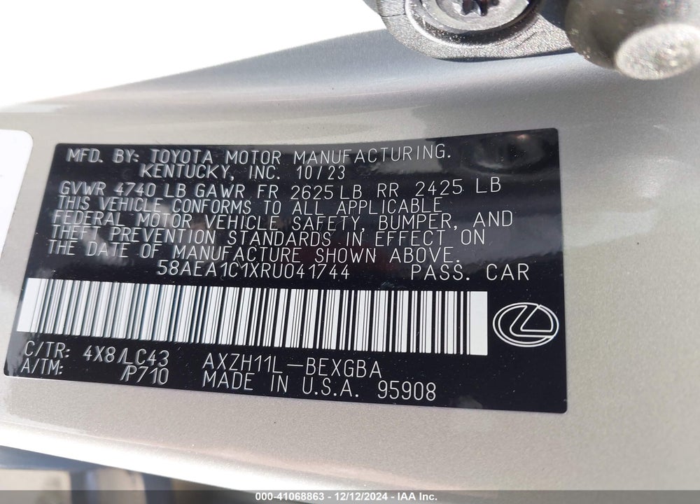 2024 LEXUS ES 300H VIN: 58AEA1C1XRU041744