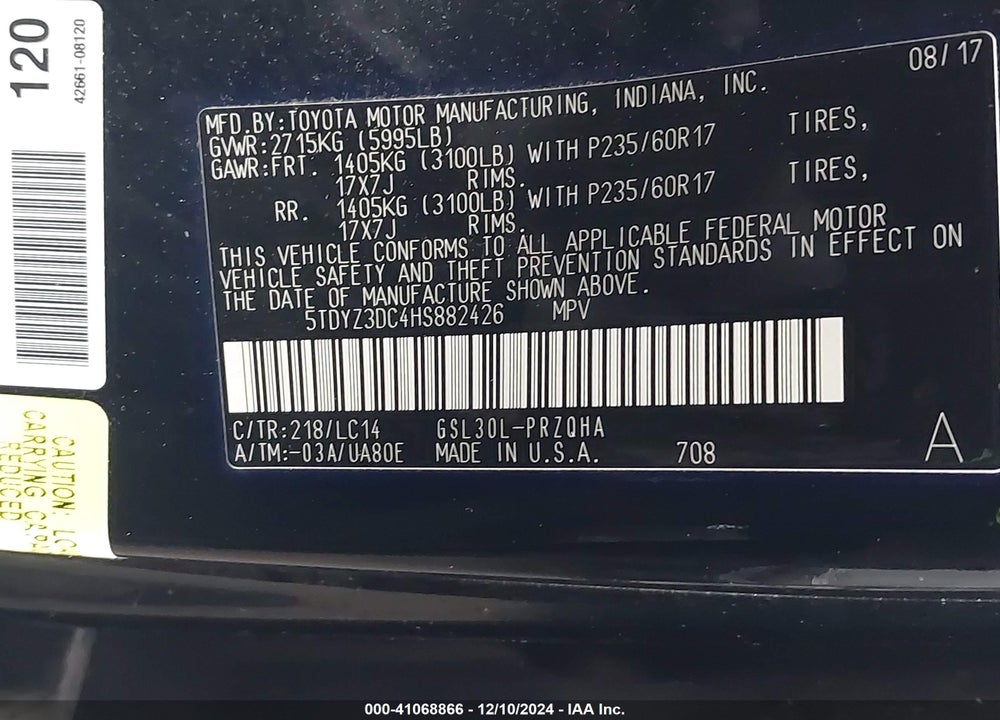 2017 TOYOTA SIENNA XLE 8 PASSENGER VIN: 5TDYZ3DC4HS882426