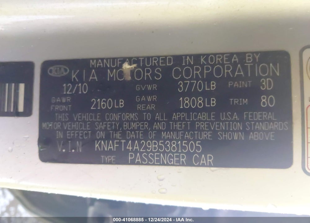 2011 KIA FORTE LX VIN: KNAFT4A29B5381505
