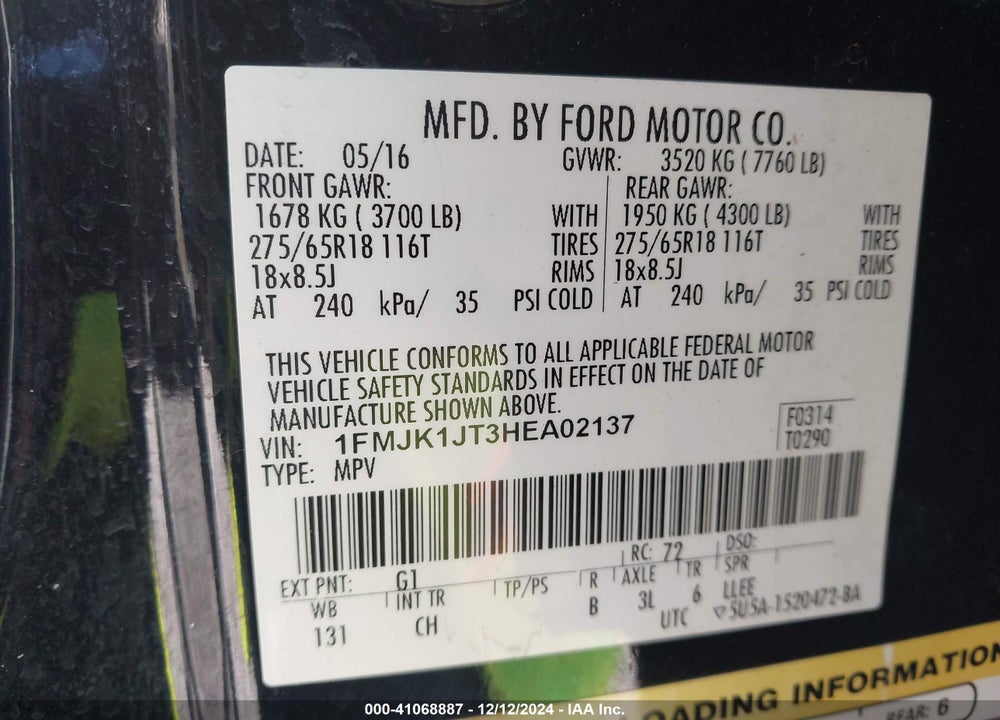 2017 FORD EXPEDITION EL XLT VIN: 1FMJK1JT3HEA02137