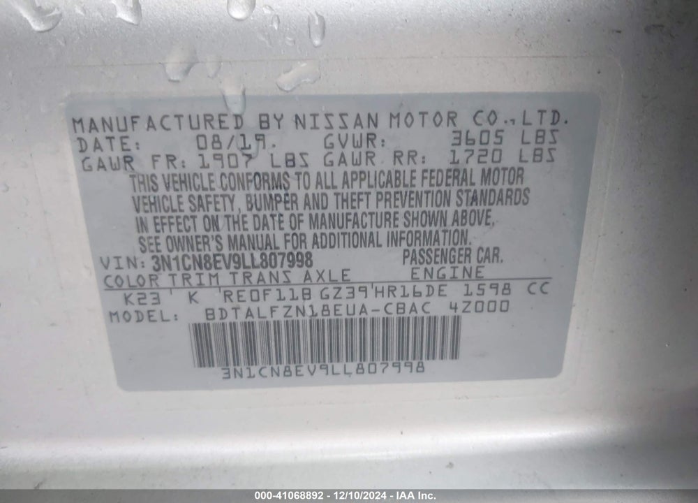 2020 NISSAN VERSA SV XTRONIC CVT VIN: 3N1CN8EV9LL807998