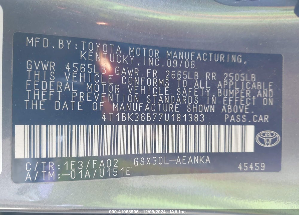 2007 TOYOTA AVALON XL VIN: 4T1BK36B77U181383