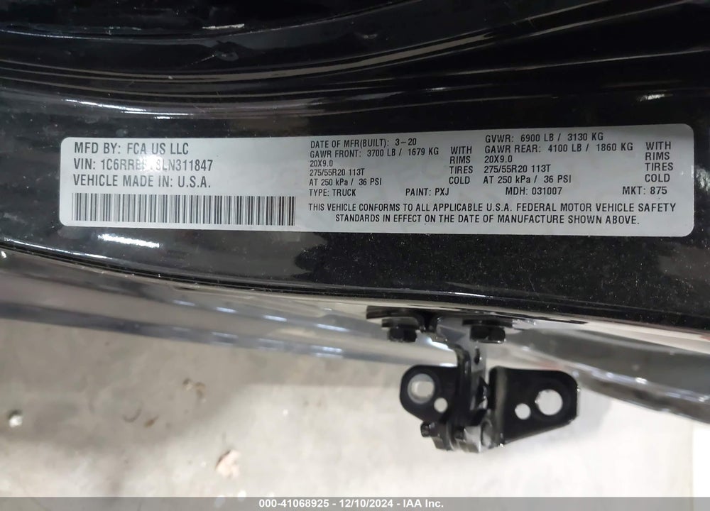 2020 RAM 1500 BIG HORN 4X2 5'7 BOX VIN: 1C6RREFT8LN311847