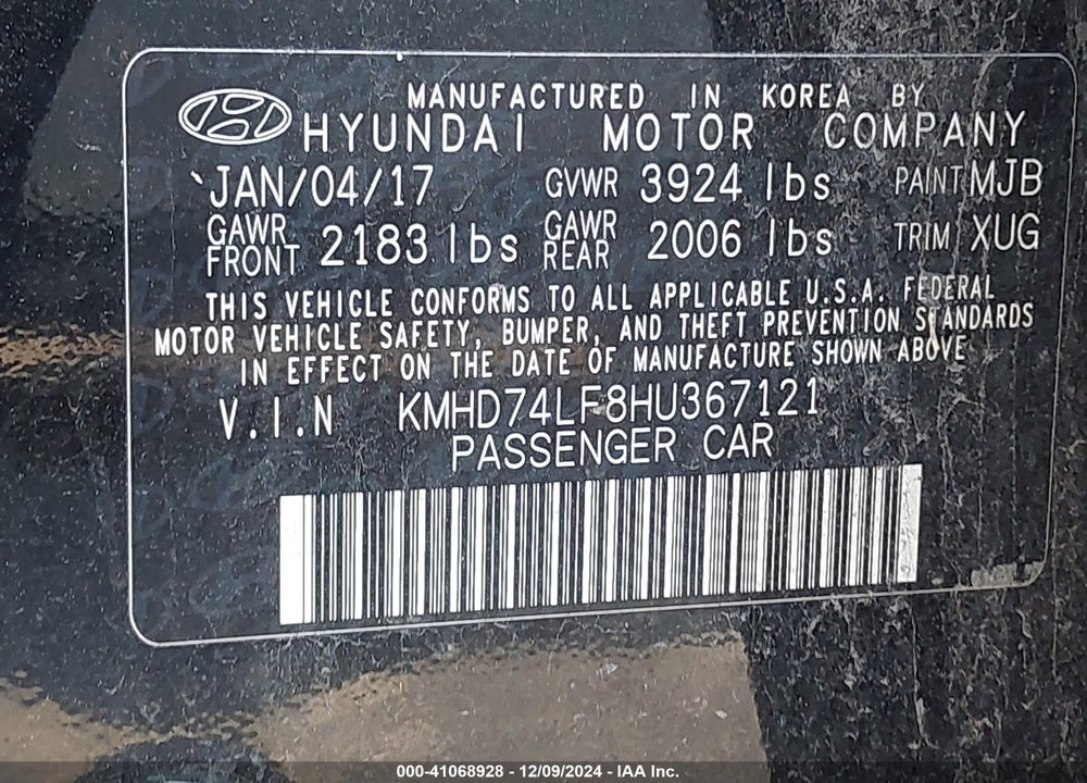2017 HYUNDAI ELANTRA SE VIN: KMHD74LF8HU367121