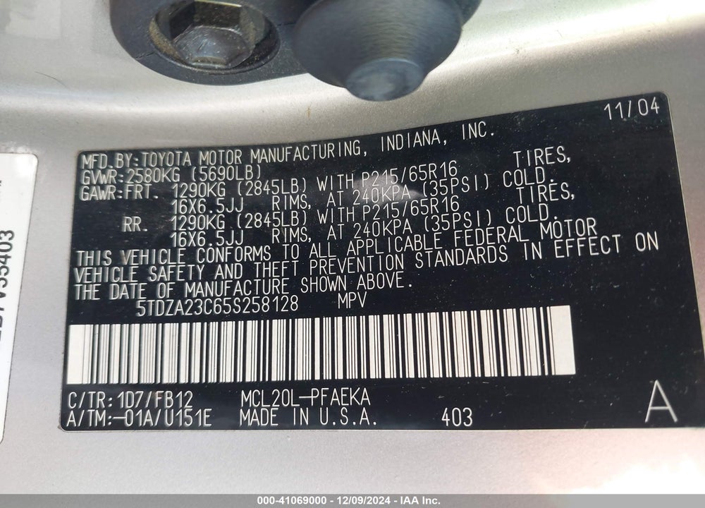 2005 TOYOTA SIENNA LE VIN: 5TDZA23C65S258128