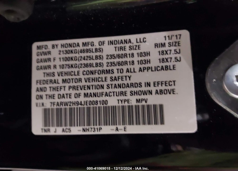 2018 HONDA CR-V TOURING VIN: 7FARW2H94JE008100