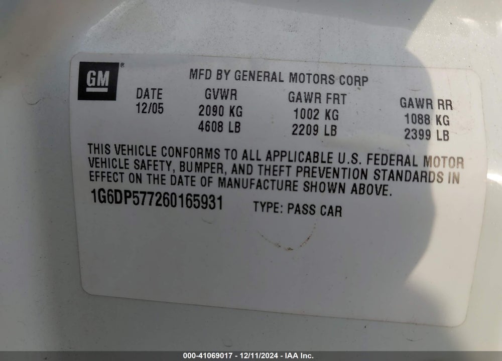 2006 CADILLAC CTS STANDARD VIN: 1G6DP577260165931