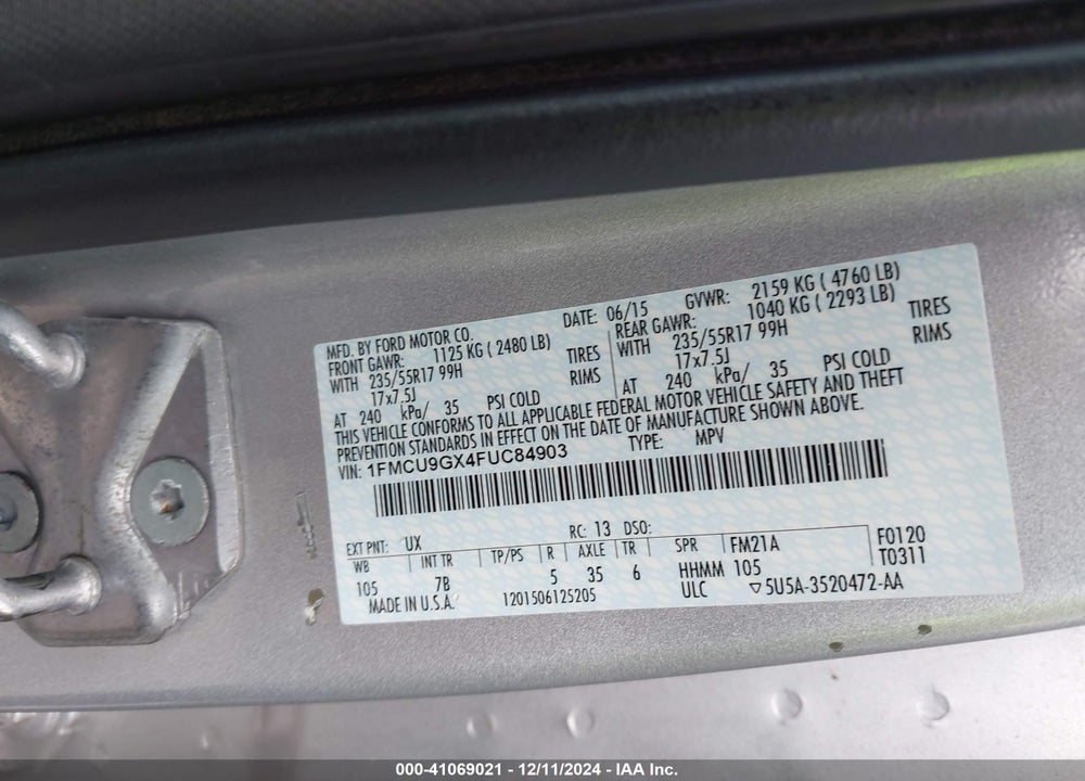 2015 FORD ESCAPE SE VIN: 1FMCU9GX4FUC84903
