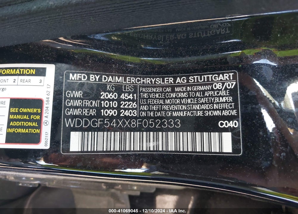 2008 MERCEDES-BENZ C 300 VIN: WDDGF54XX8F052333