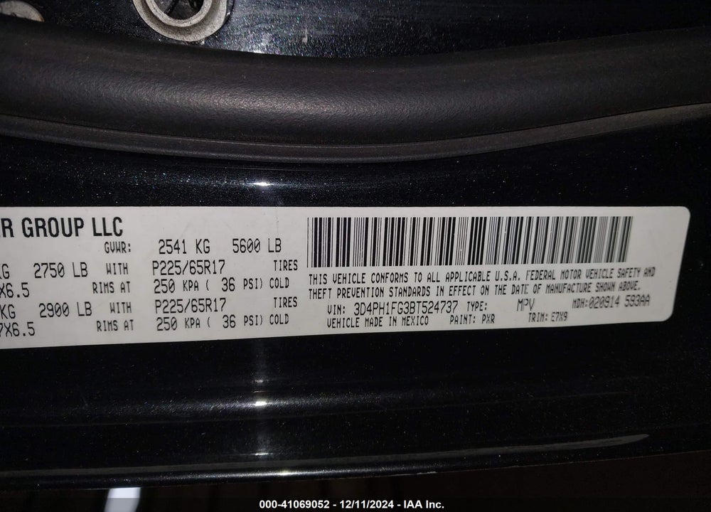 2011 DODGE JOURNEY MAINSTREET VIN: 3D4PH1FG3BT524737