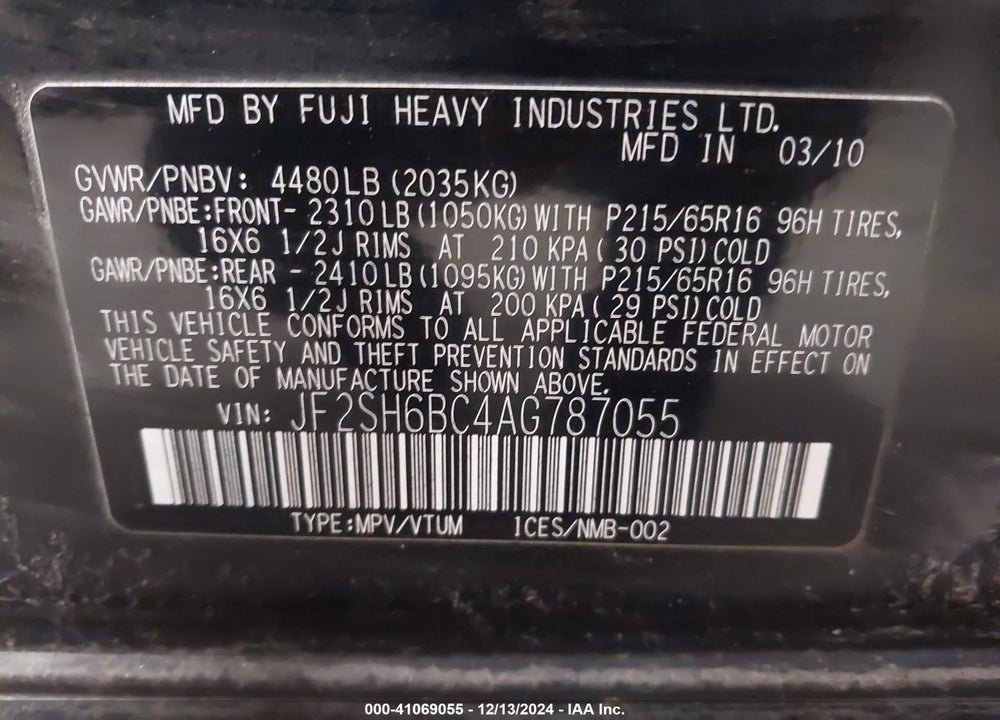 2010 SUBARU FORESTER 2.5X VIN: JF2SH6BC4AG787055