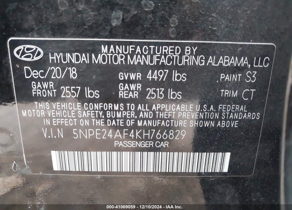 2019 HYUNDAI SONATA VIN: 5NPE24AF4KH766829